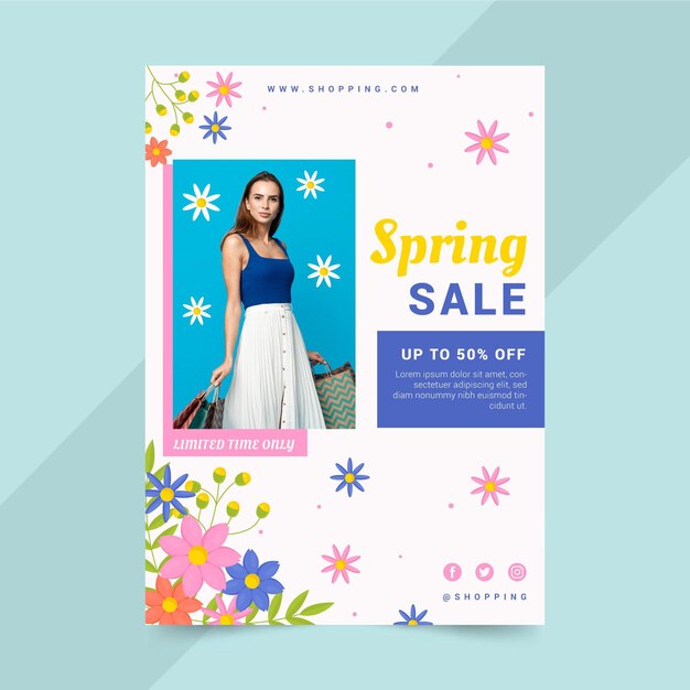 Hand drawn spring sale flyer template with photo