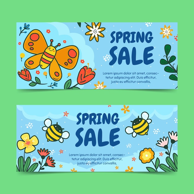 Hand drawn spring sale horizontal banners set