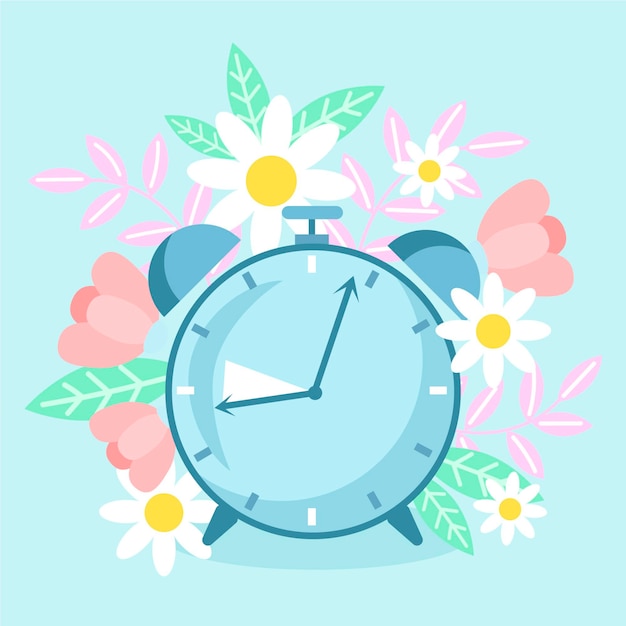 Hand-drawn spring time change illustration with clock and flowers