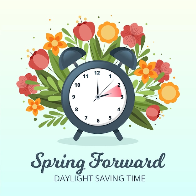 Free Vector hand-drawn spring time change illustration with flowers and clock