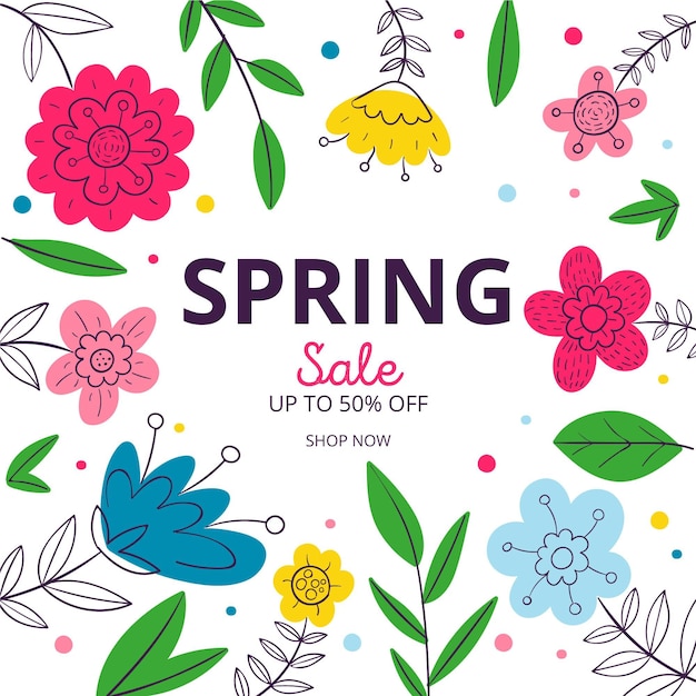 Hand drawn squared spring sale banner with flowers