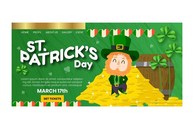 Hand-drawn st. patrick's day landing page template with man and coins