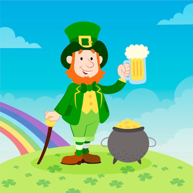 Hand drawn st. patrick's day with man holding beer and rainbow