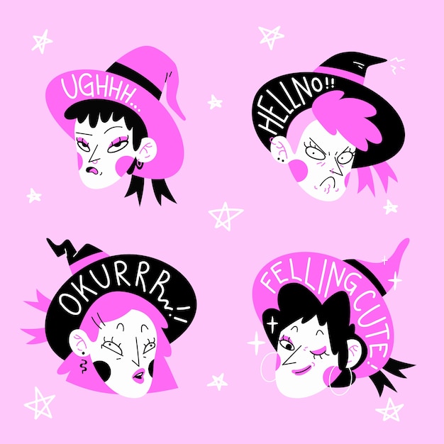 Free vector hand drawn stickers with pink and black witches set