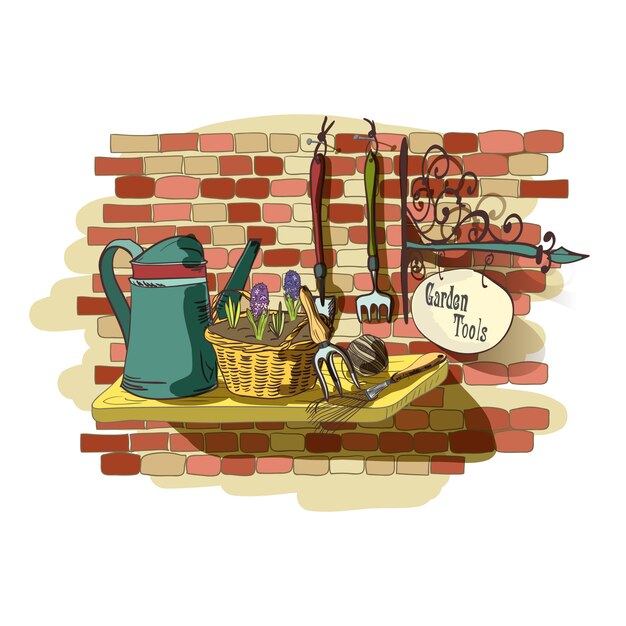 Hand drawn still life of gardening tools