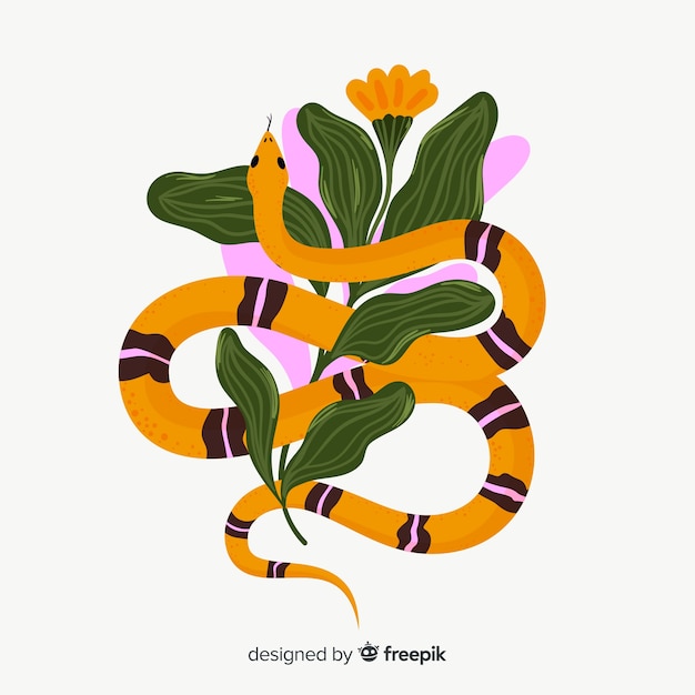 Free Vector hand drawn striped snake with flowers background