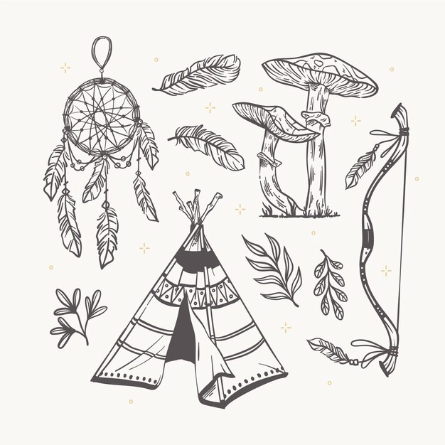 Hand drawn style boho element set