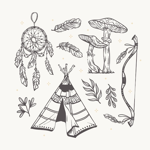 Hand drawn style boho element set