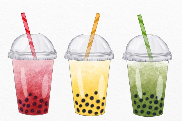 Hand drawn style bubble tea flavors collection