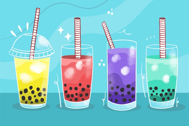 Free vector hand drawn style bubble tea flavors pack