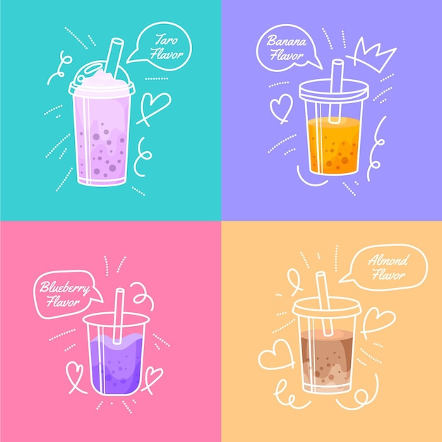 Hand drawn style bubble tea flavors