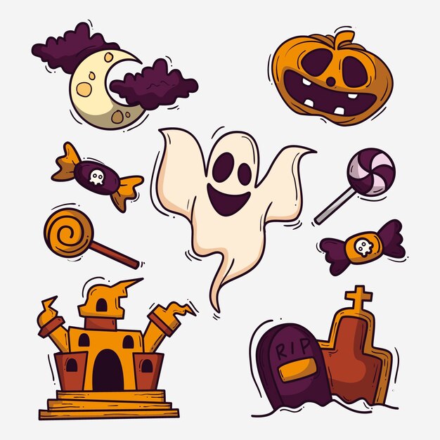 Hand drawn style halloween element set