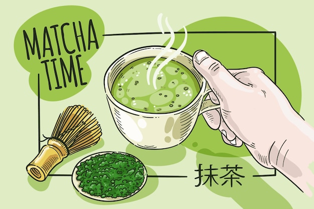 Hand drawn style matcha tea background