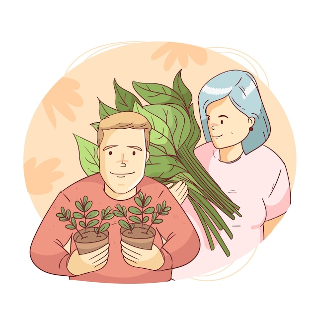 Free Vector hand drawn style people taking care of plants