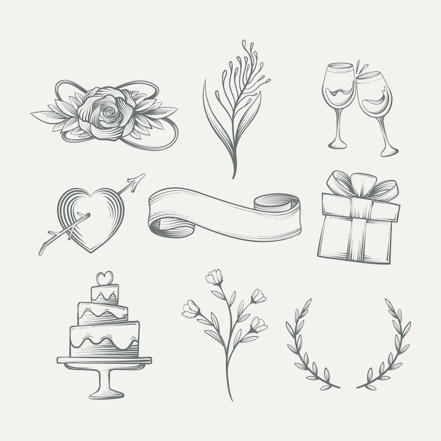 Hand drawn style wedding ornament set