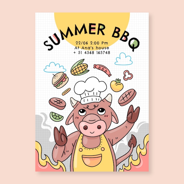 Hand drawn summer bbq invitation with bull