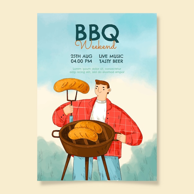 Free Vector hand drawn summer bbq poster template with man grilling sausages