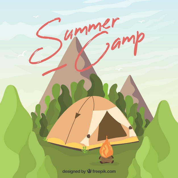 Hand drawn summer camp background with tent in mountains