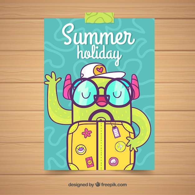 Hand drawn summer card template with green fish