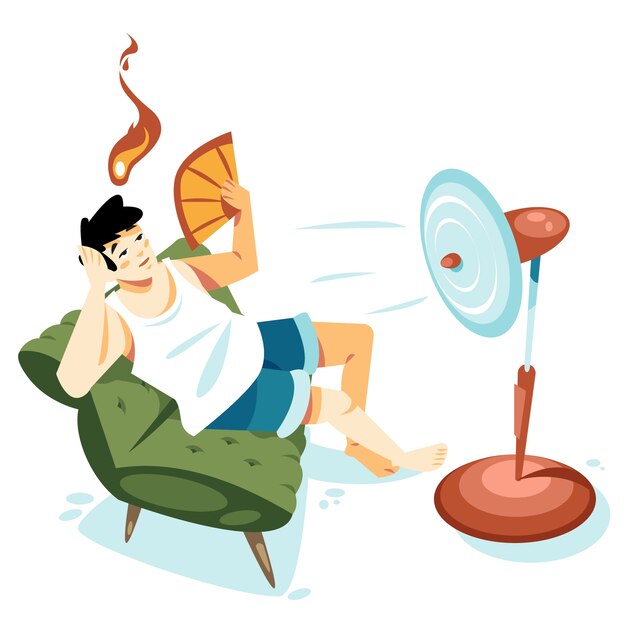 Hand drawn summer heat illustration of man with fan