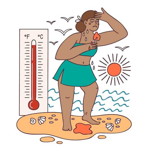 Free Vector hand drawn summer heat illustration with person and thermometer