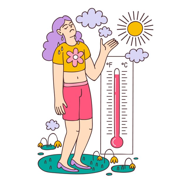 Hand drawn summer heat illustration with person and thermometer