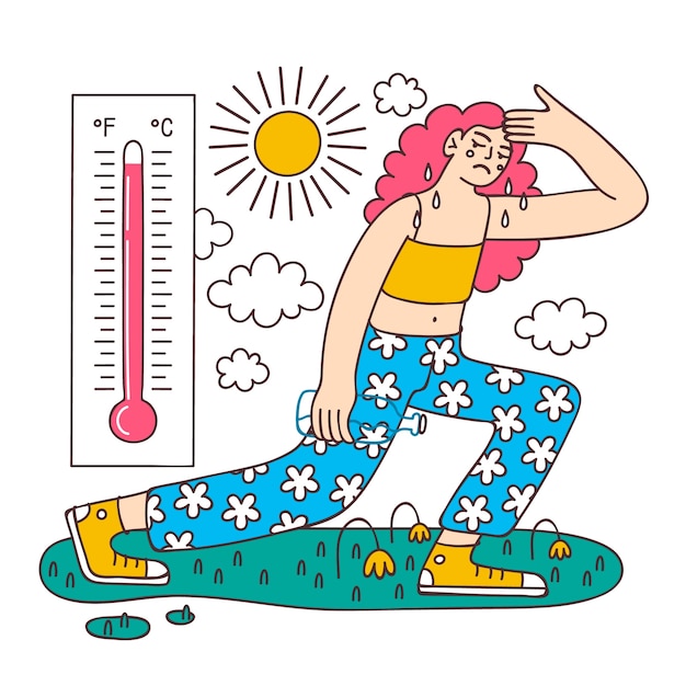 Hand drawn summer heat illustration with person and thermometer