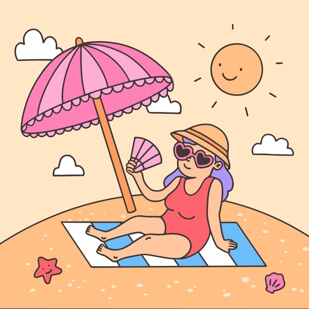 Hand drawn summer heat illustration with woman on the beach