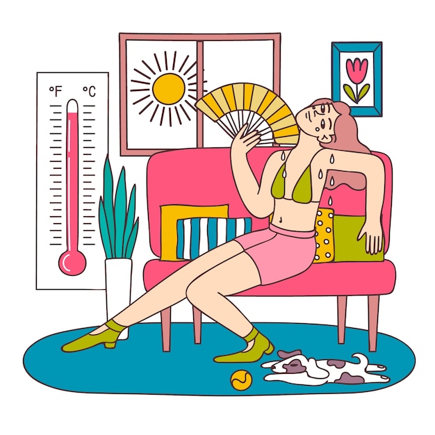 Hand drawn summer heat illustration with woman in front of fan