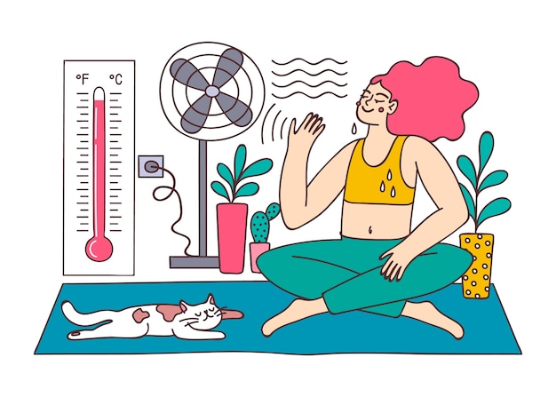 Hand drawn summer heat illustration with woman in front of fan