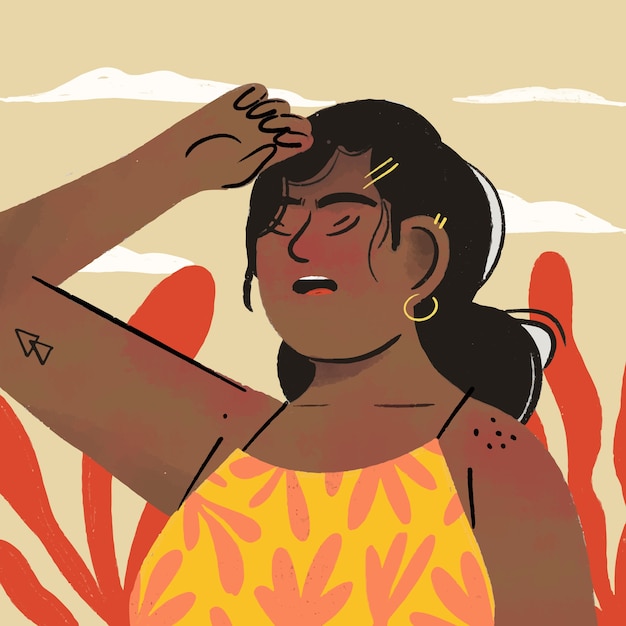 Hand drawn summer heat illustration with woman sweating