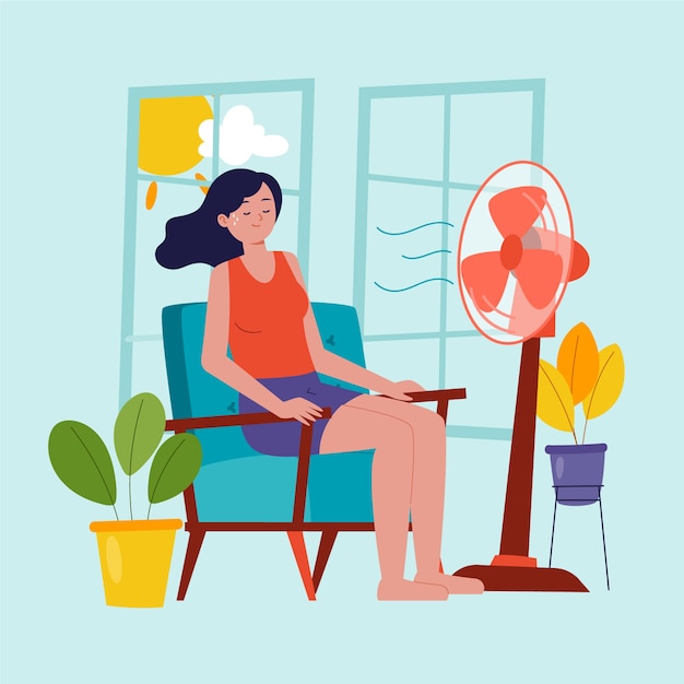 Free Vector hand drawn summer heat woman with fan background