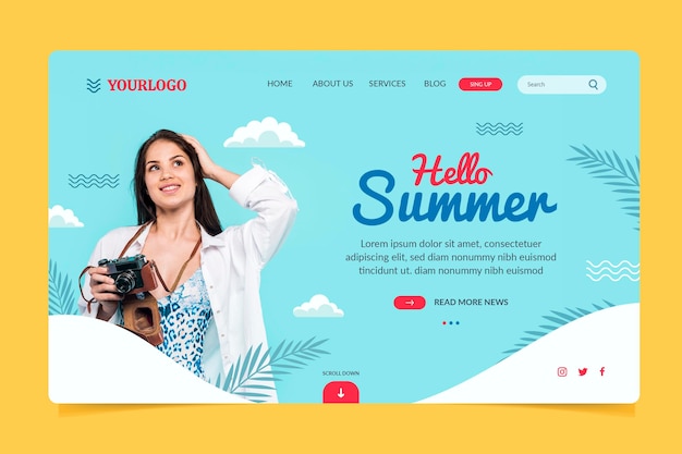 Hand drawn summer landing page template with photo