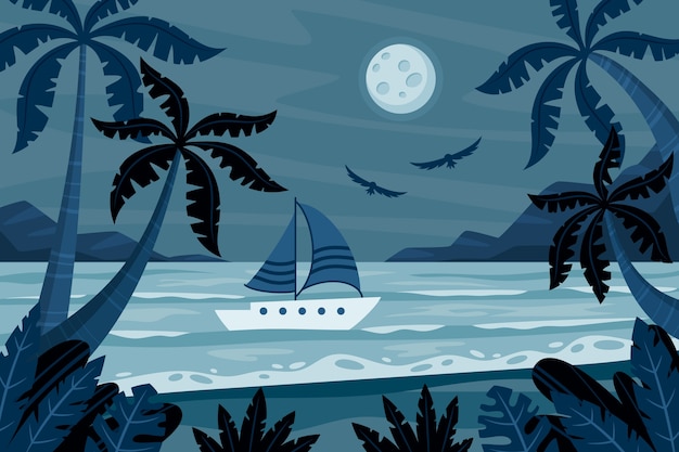 Free Vector hand drawn summer night boat illustration