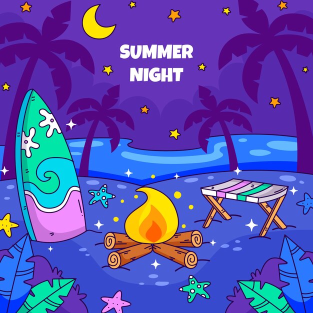 Hand drawn summer night illustration with bonfire and surfboard