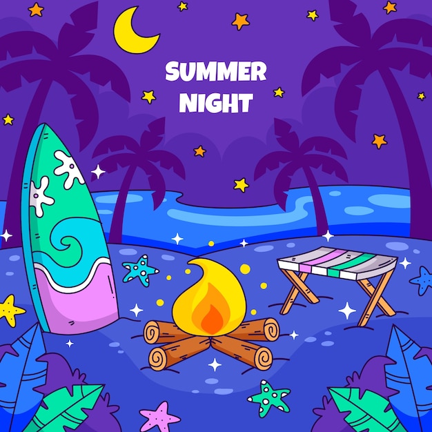 Hand drawn summer night illustration with bonfire and surfboard