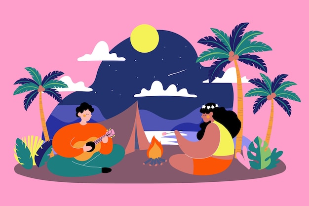 Hand drawn summer night illustration with people and tent at the beach