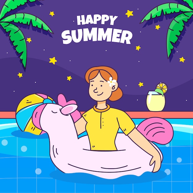 Hand drawn summer night illustration with woman in the pool