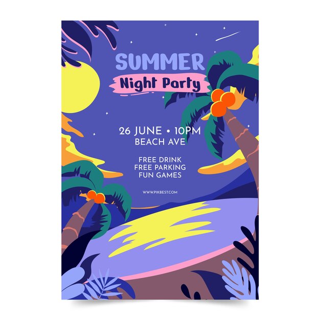 Hand drawn summer night party poster template with beach