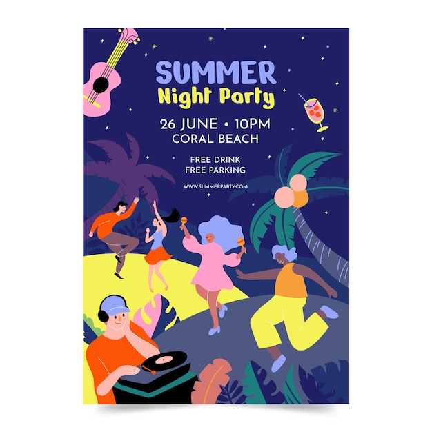 Hand drawn summer night party poster template with people dancing