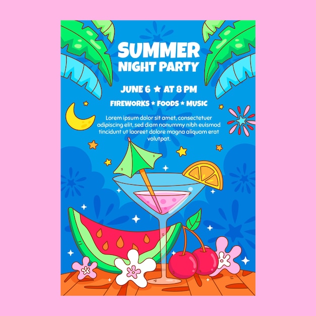 Hand drawn summer night party poster template