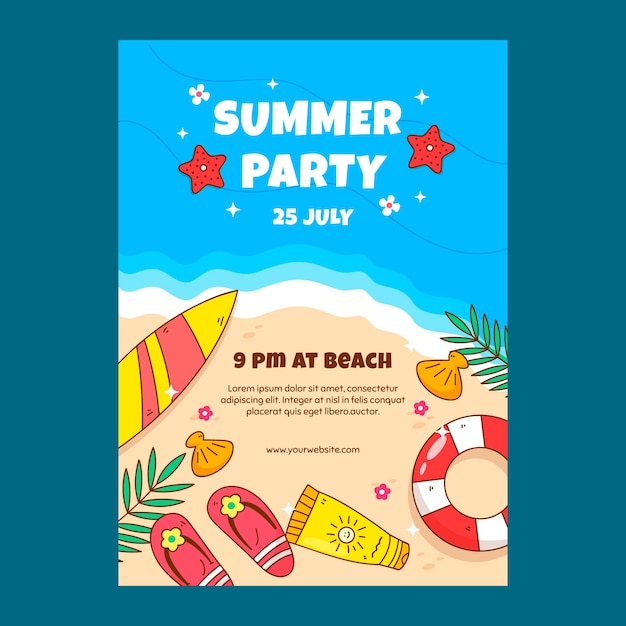 Hand drawn summer party vertical flyer template with beach