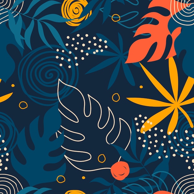 Hand drawn summer pattern with tropical leaves