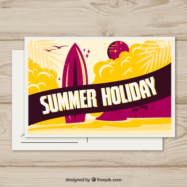 Hand drawn summer post card template with surfboard