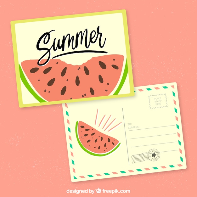 Free Vector hand drawn summer post card template with watermelon