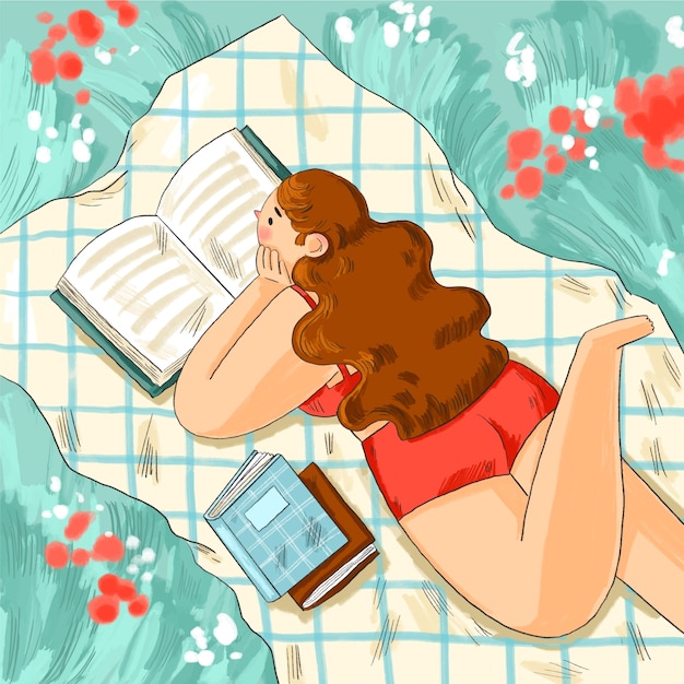 Hand drawn summer reading books illustration with woman