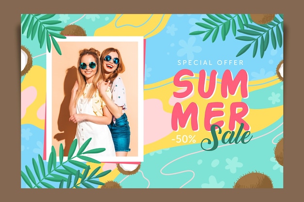 Hand drawn summer sale banner template with photo