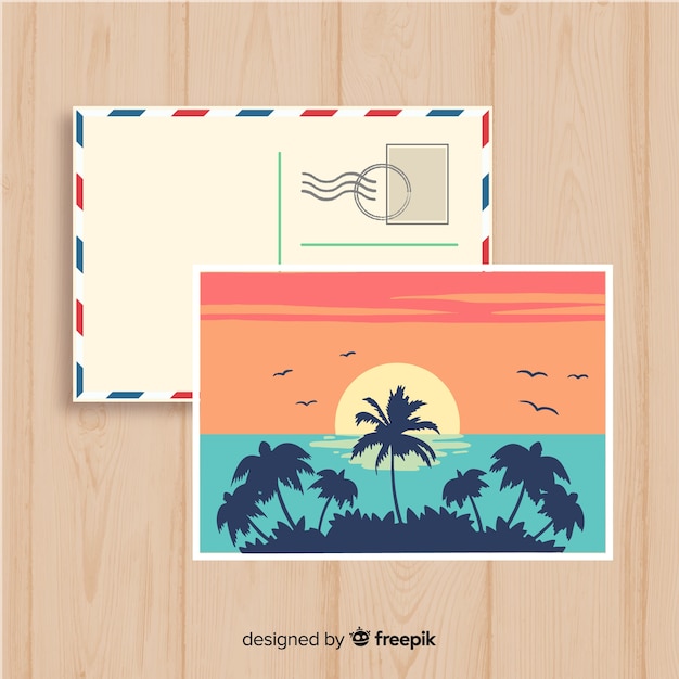 Hand drawn summer sunset postcard