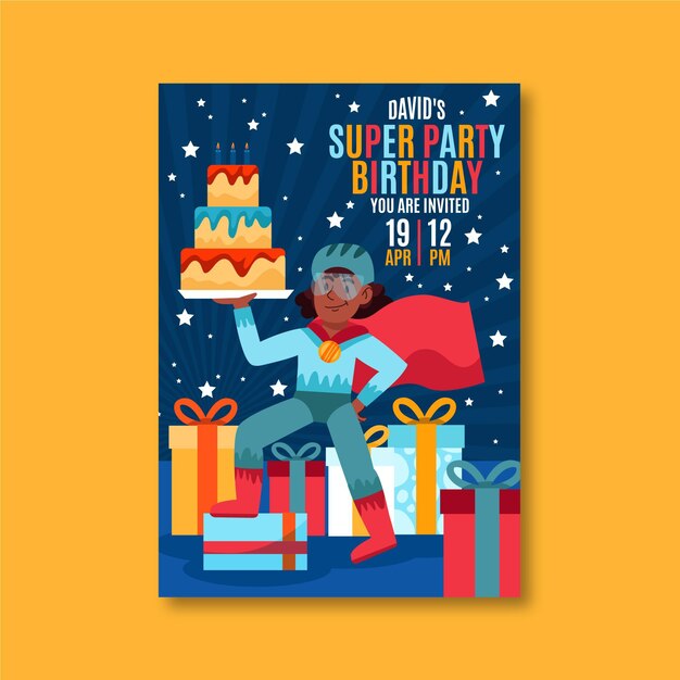 Hand drawn superhero birthday invitation template