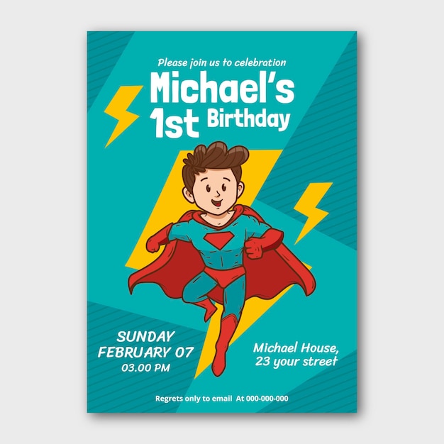 Hand drawn superhero birthday invitation template